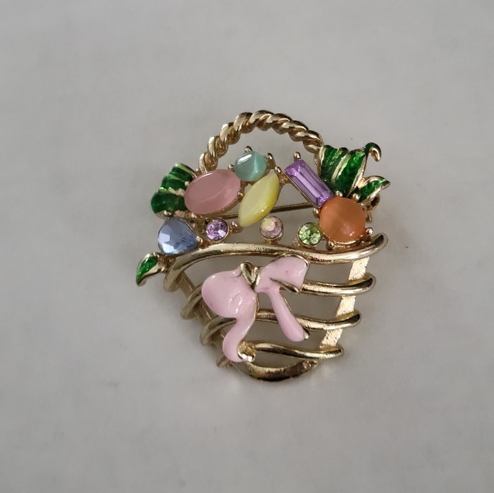 Easter Basket Brooch Pin with Goodies and Pink Bow